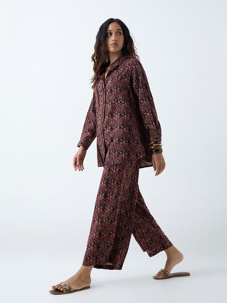 Westside Utsa Women's Black Printed Palazzos for Everyday Front View