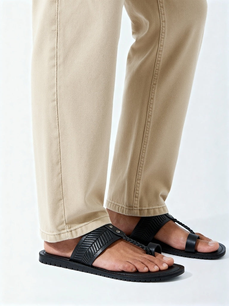 SOLEPLAY Black Textured Toe-Ring Leather Kolhapuri Sandals