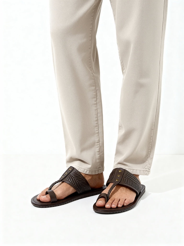 Buy SOLEPLAY Brown Textured Toe-Ring Leather Kolhapuri Sandals