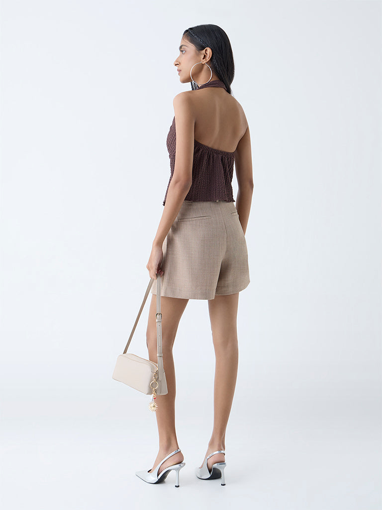 Westside Nuon Women's Brown Crinkle-Textured Halter-Neck Top for Casual Wear Back View