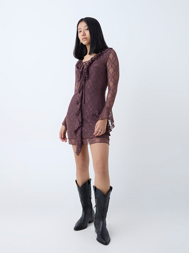 Westside Nuon Women's Dark Brown Ruffle-Detailed Bodycon Dress for Casual Wear Full View