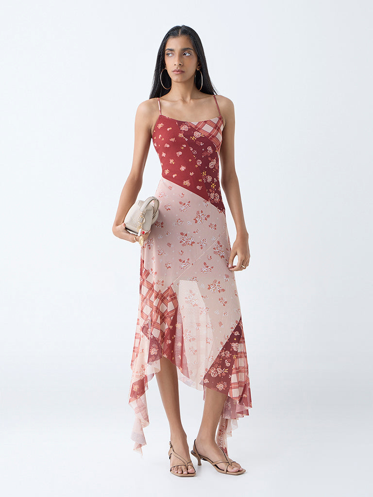 Westside Nuon Women's Brown Floral Detailed Asymmetric Dress for Casual Wear Full View