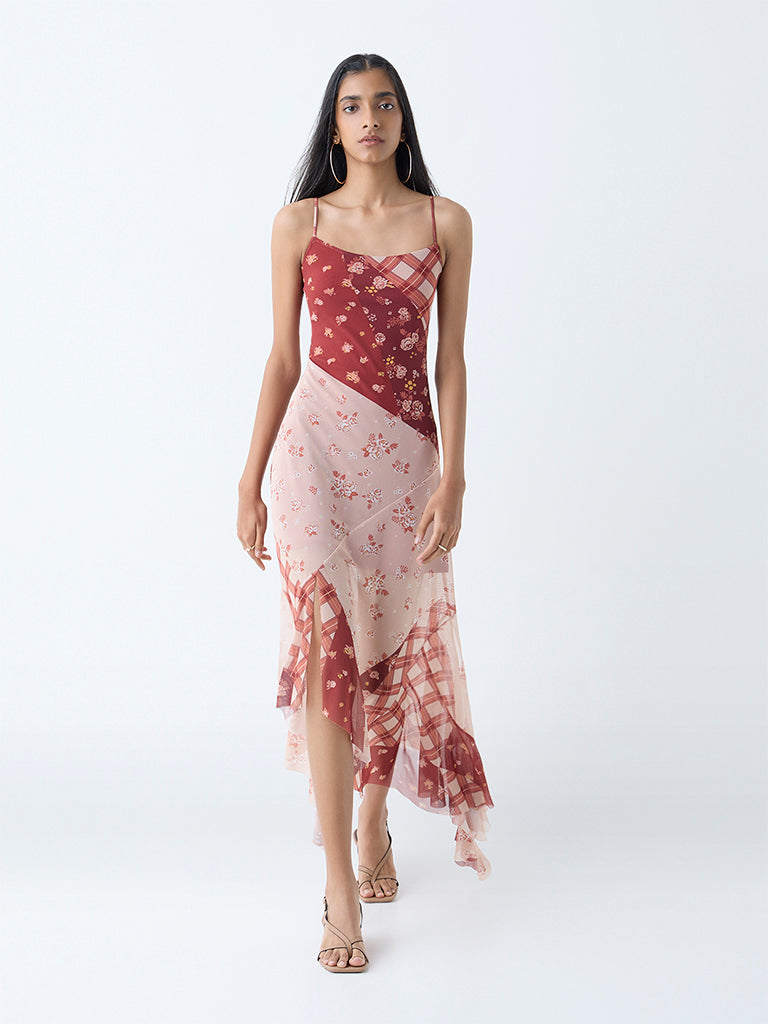 Westside Nuon Women's Brown Floral Detailed Asymmetric Dress for Casual Wear Front View