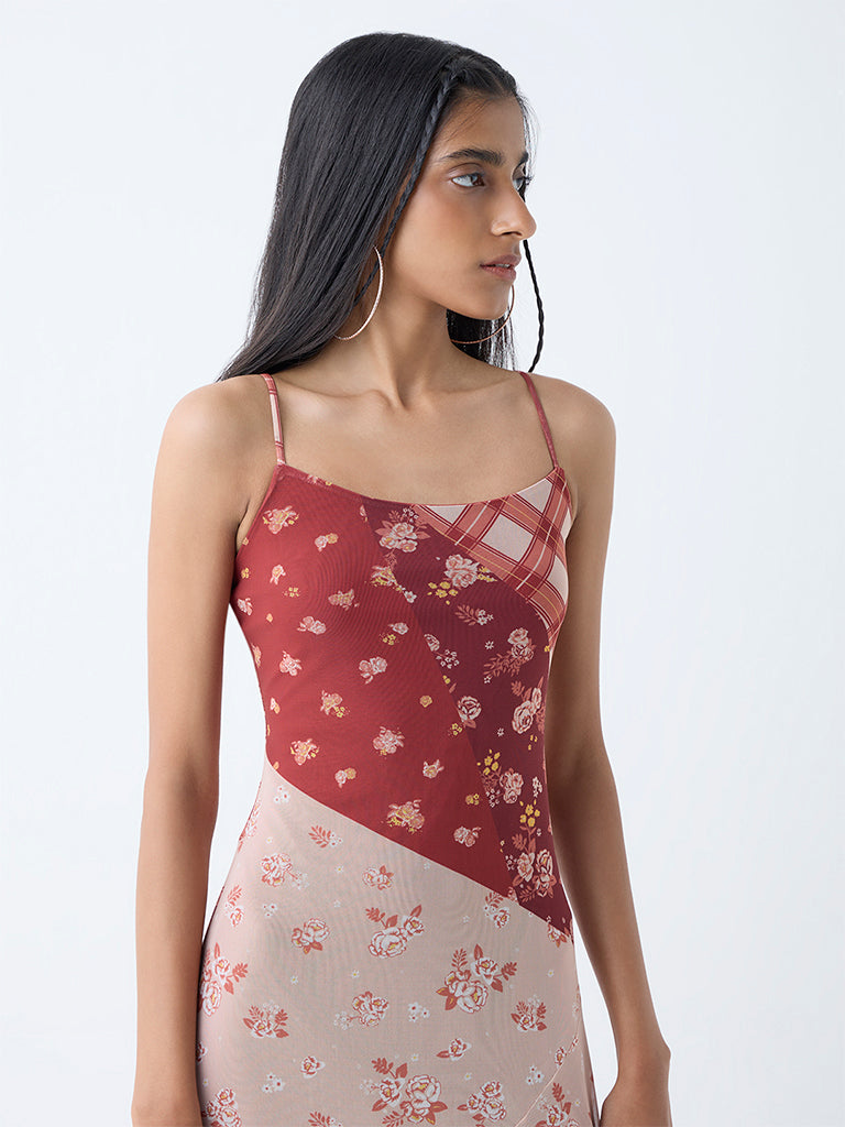 Westside Nuon Women's Brown Floral Detailed Asymmetric Dress for Casual Wear Zoomed View