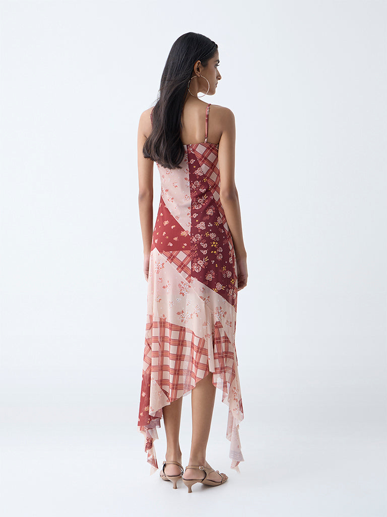 Westside Nuon Women's Brown Floral Detailed Asymmetric Dress for Casual Wear Back View