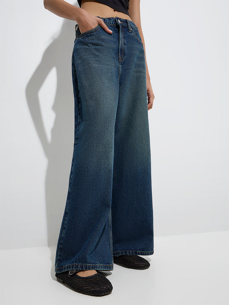 Westside Nuon Women's Blue Flared Relaxed-Fit Mid-Rise Jeans for Casual Wear Front View