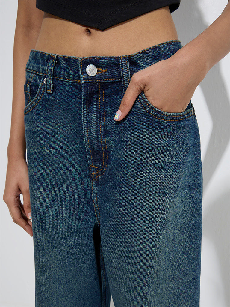 Westside Nuon Women's Blue Flared Relaxed-Fit Mid-Rise Jeans for Casual Wear Zoomed View