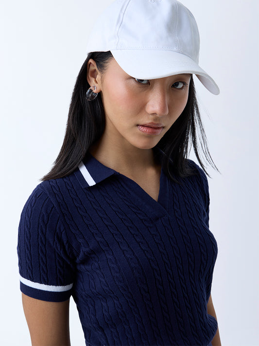 Westside Nuon Women's Navy Cable-Knit Cotton T-Shirt for Casual Wear Zoomed View