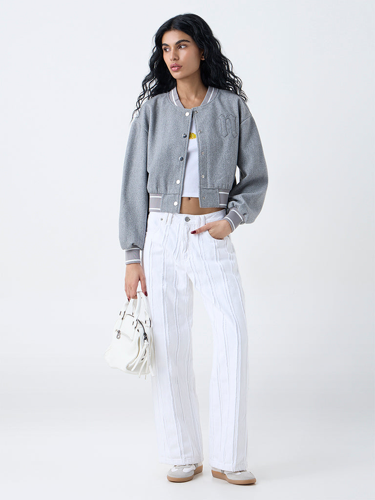 Nuon Grey Embroidered Varsity Jacket