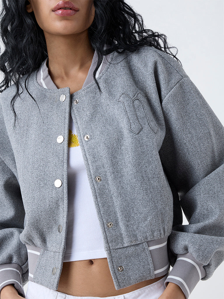 Nuon Grey Embroidered Varsity Jacket