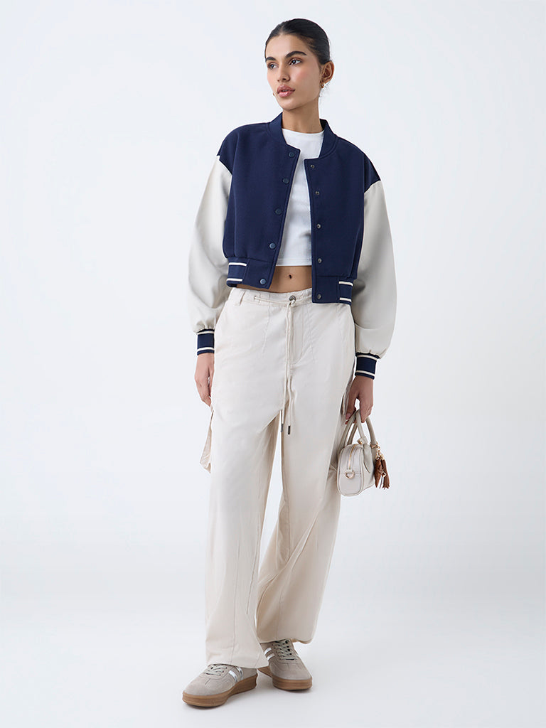 Nuon Navy Colour-Blocked Faux Suede Jacket