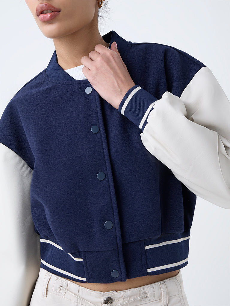 Nuon Navy Colour-Blocked Faux Suede Jacket