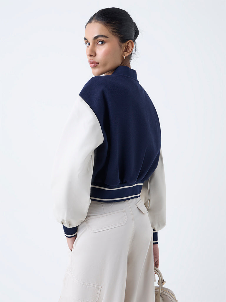 Nuon Navy Colour-Blocked Faux Suede Jacket