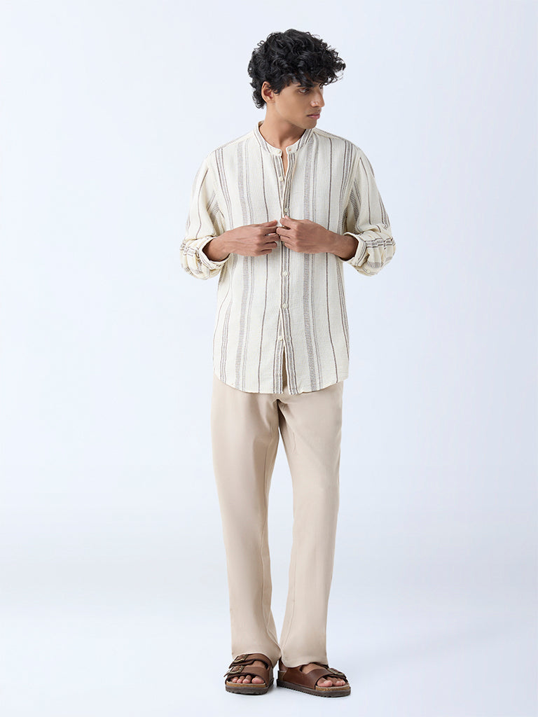 Westside ETA Men's Off-White Stripe Pattern Relaxed-Fit Cotton Shirt for Casual Wear Full View