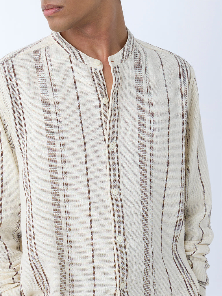 Westside ETA Men's Off-White Stripe Pattern Relaxed-Fit Cotton Shirt for Casual Wear Zoomed View