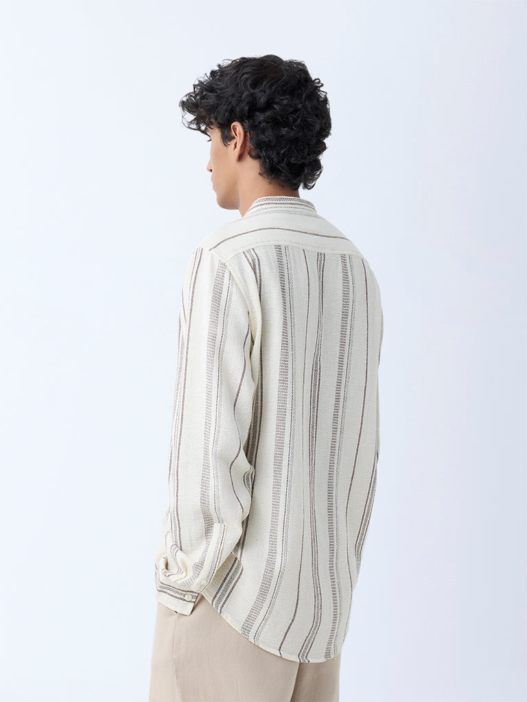 Westside ETA Men's Off-White Stripe Pattern Relaxed-Fit Cotton Shirt for Casual Wear Back View