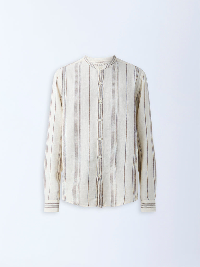 Westside ETA Men's Off-White Stripe Pattern Relaxed-Fit Cotton Shirt for Casual Wear Flatly