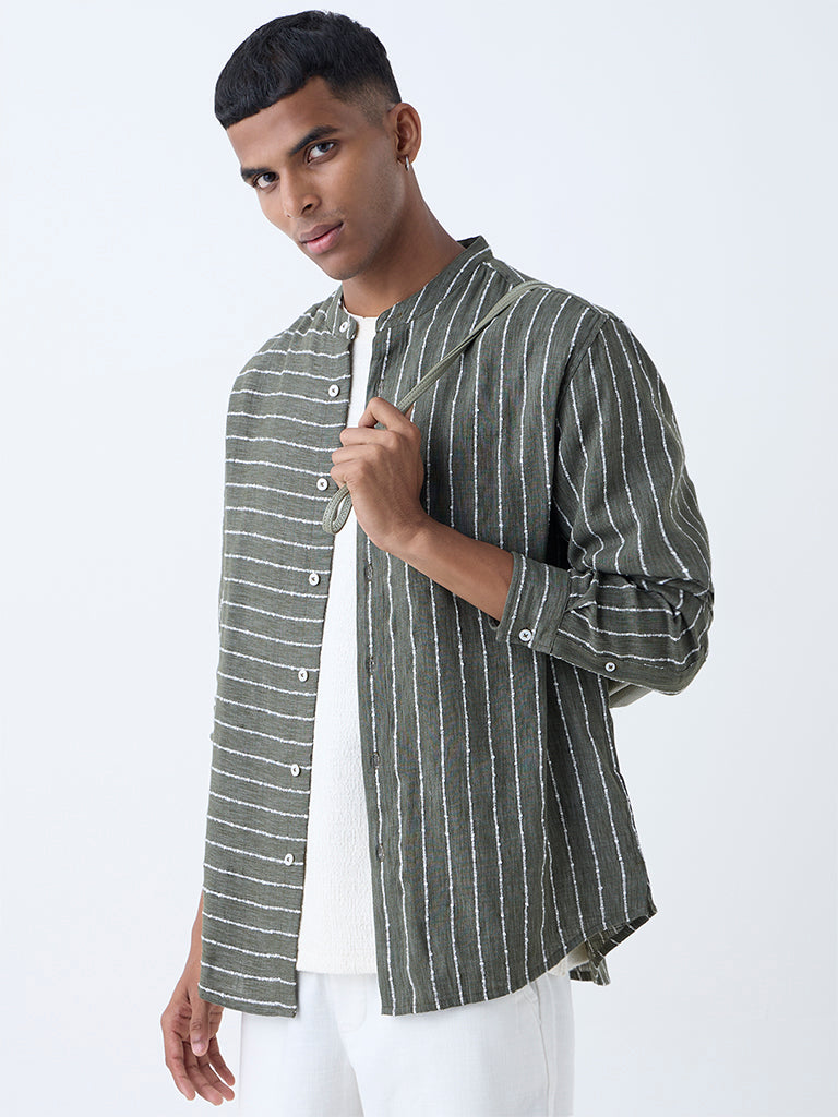Westside ETA Men's Olive Striped Relaxed-Fit Shirt for Casual Wear Front view