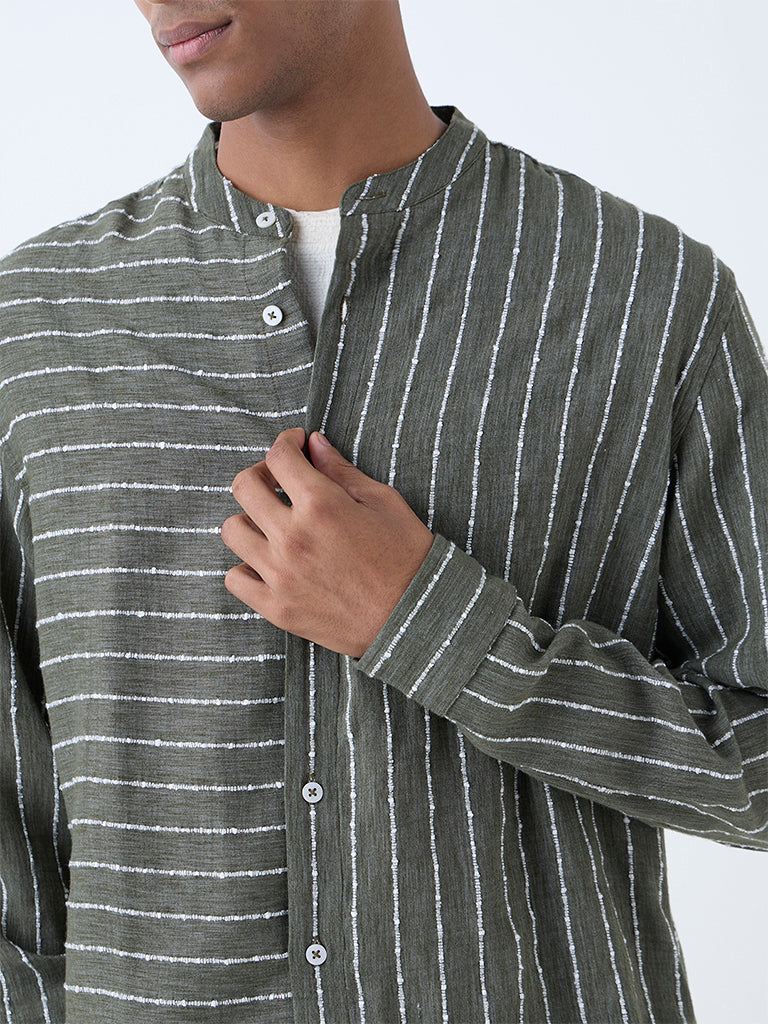Westside ETA Men's Olive Striped Relaxed-Fit Shirt for Casual Wear Zoomed View