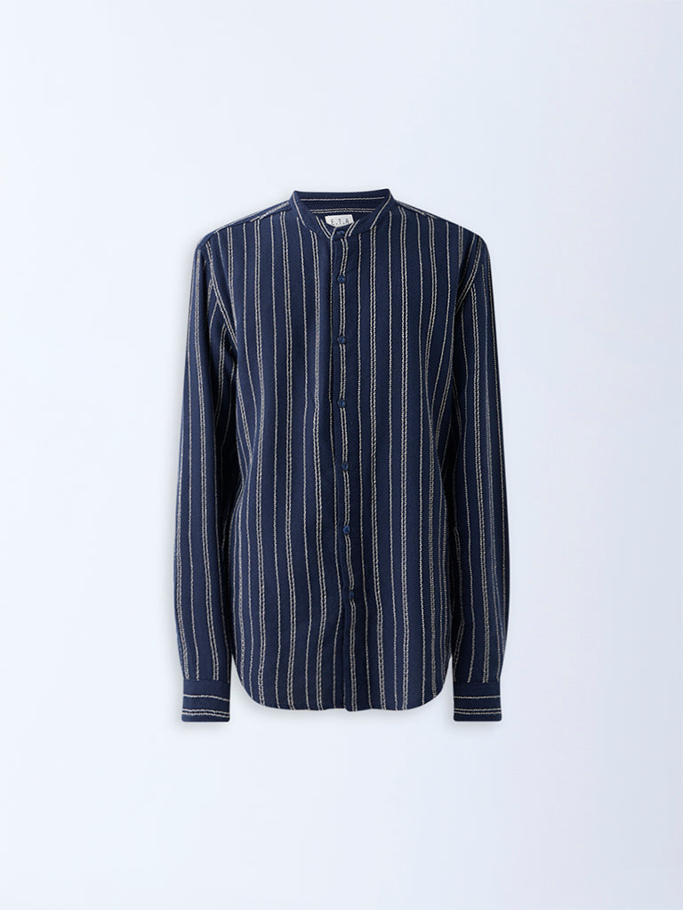 ETA Navy Striped Relaxed-Fit Cotton Shirt