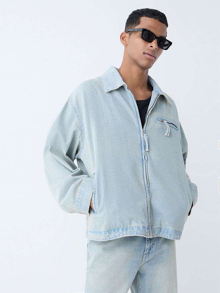 Westside Nuon Men's Light Blue Relaxed-Fit Denim Jacket for Casual Wear Full View