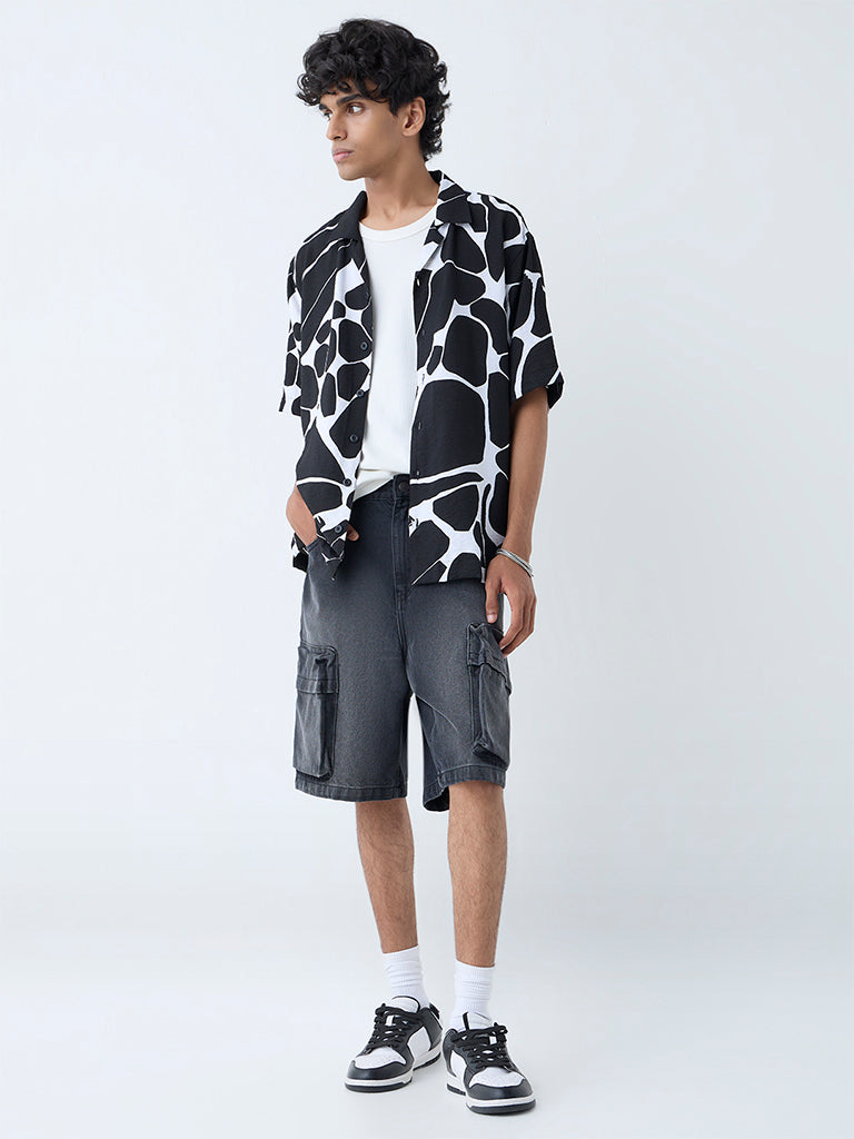 Westside Nuon Men's Black Abstract Detailed Relaxed-Fit Shirt for Casual Wear Full View