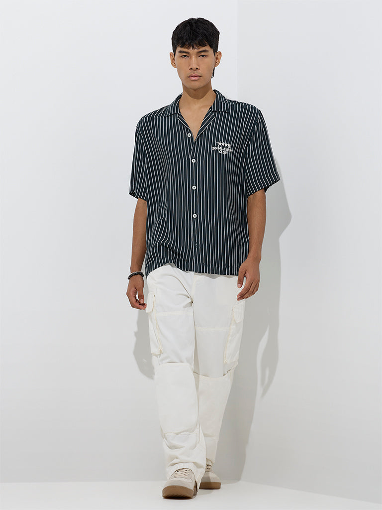 Westside Nuon Men's Dark Green Stripe Pattern Relaxed-Fit Shirt for Casual Wear Full View