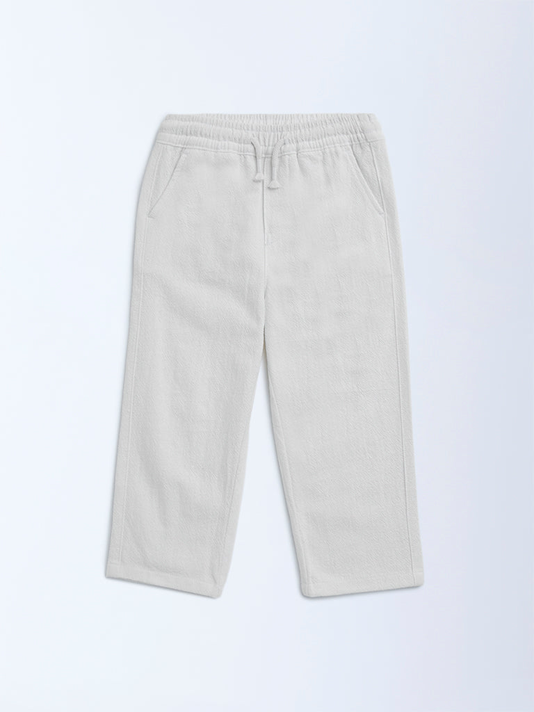 HOP Kids Boys White Solid Mid-Rise Cotton Trousers