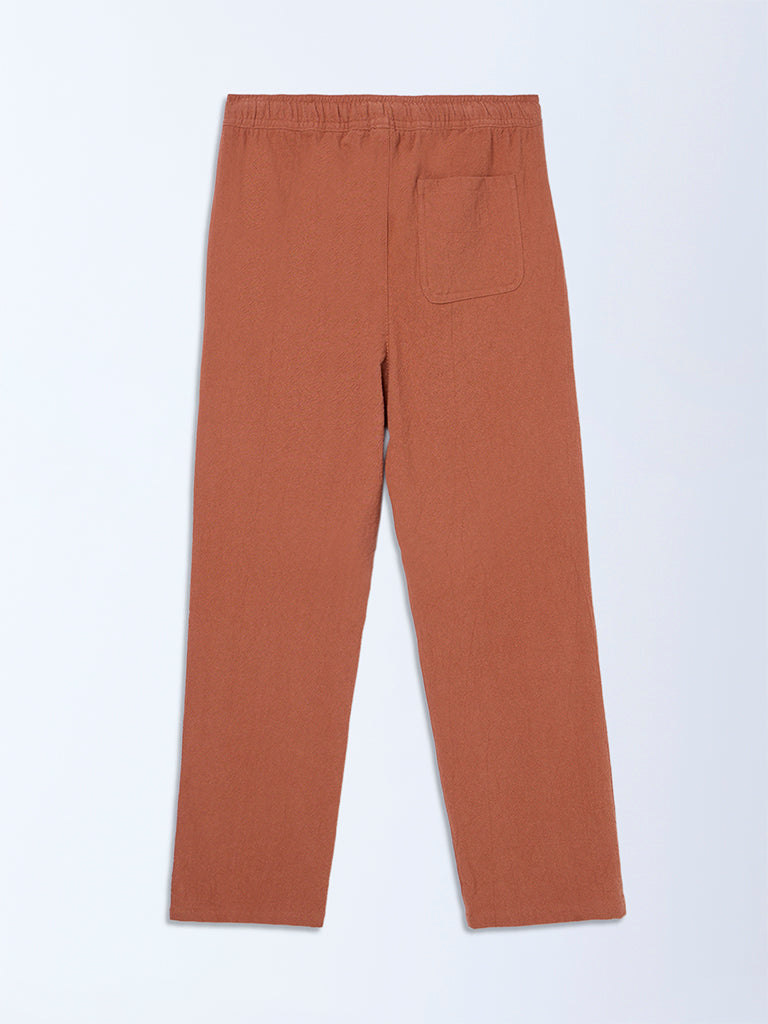 Y&F Kids Boys Rust Solid Mid-Rise Cotton Trousers