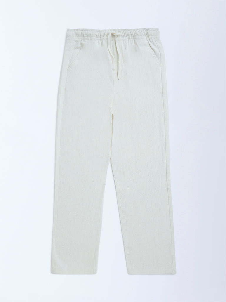 Y&F Kids Boys Off-White Textured High-Rise Cotton Trousers