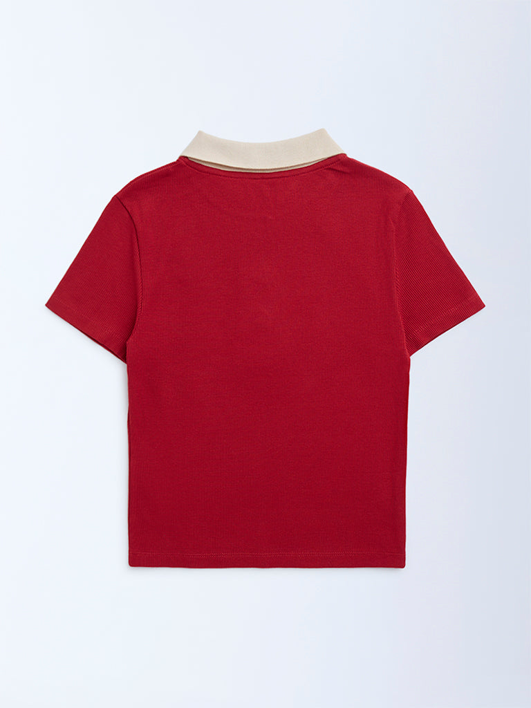 Y&F Kids Girls Red Ribbed-Textured Cotton-Blend Polo T-Shirt