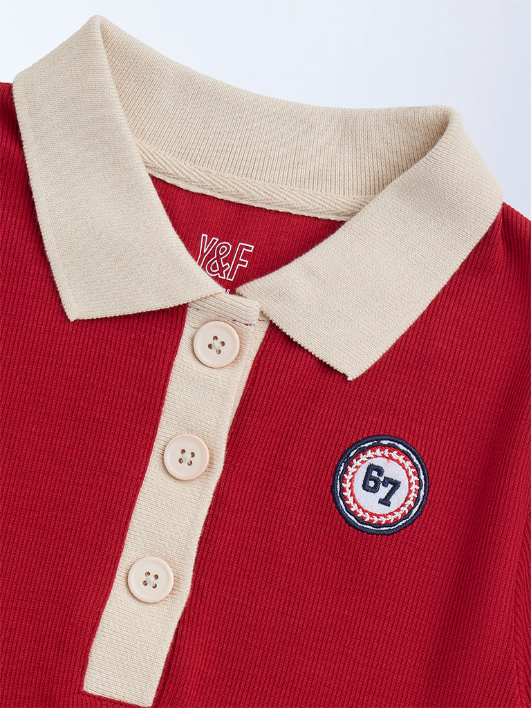 Y&F Kids Girls Red Ribbed-Textured Cotton-Blend Polo T-Shirt