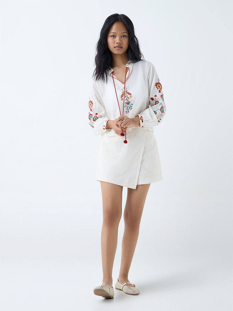 Westside Bombay Paisley Women's White Embroidered Cotton Top for Everyday Full View