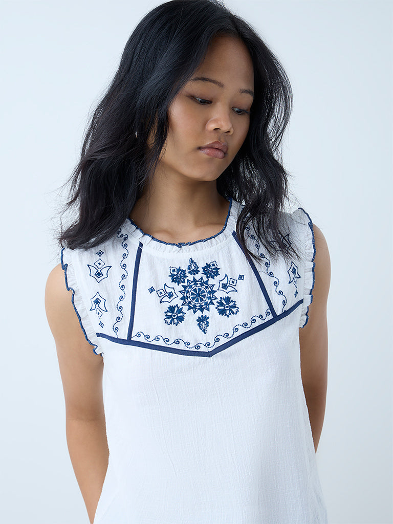 Westside Bombay Paisley Women's White Embroidered Cotton-Blend Top for Everyday Zoomed View