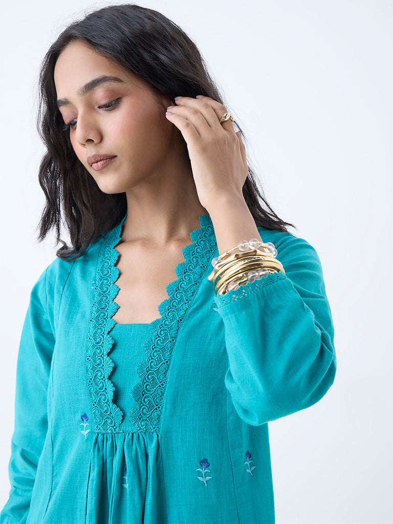 Utsa Aqua Floral Embroidered Cotton A-Line Kurta