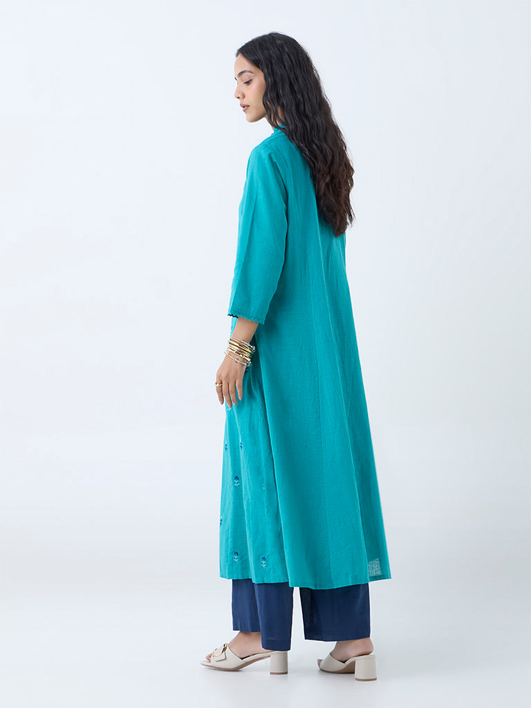 Utsa Aqua Floral Embroidered Cotton A-Line Kurta