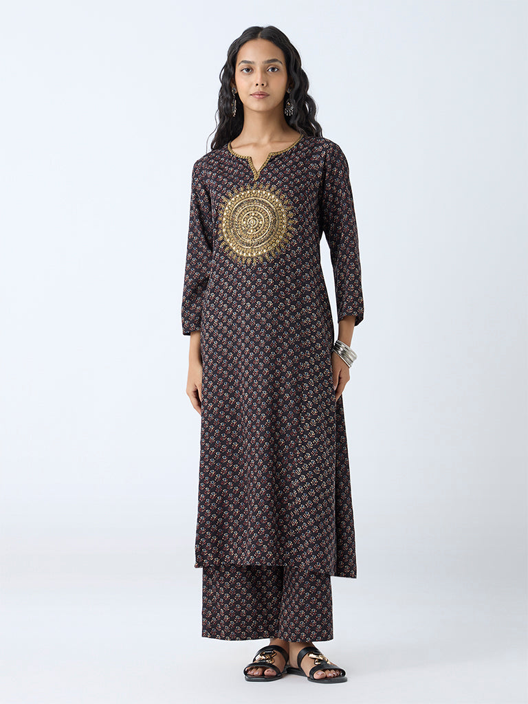 Westside Utsa Women's Black Mandala Embroidered A-Line Kurta for Work Wear Full View