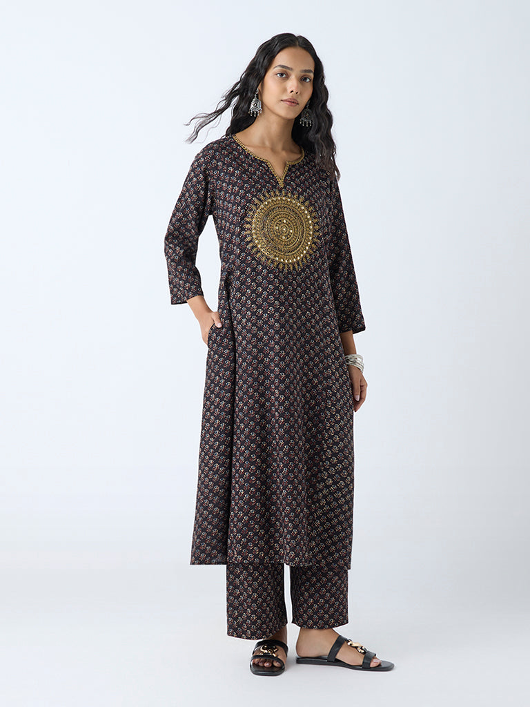 Westside Utsa Women's Black Mandala Embroidered A-Line Kurta for Work Wear Front View