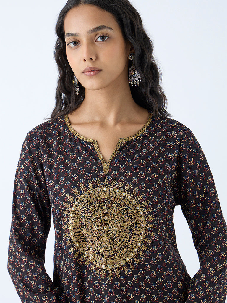 Westside Utsa Women's Black Mandala Embroidered A-Line Kurta for Work Wear Zoomed View