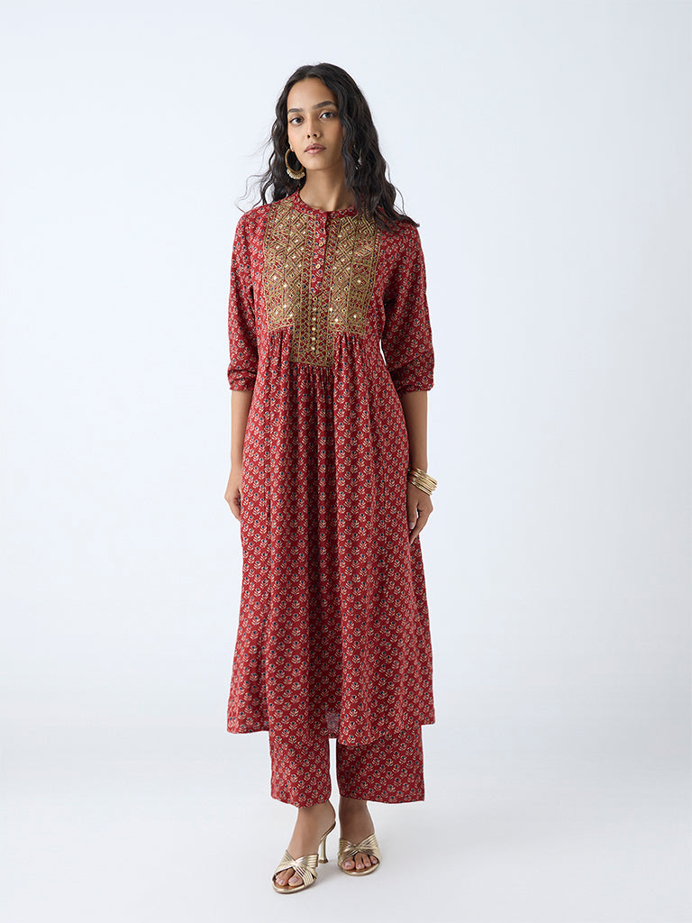 Westside Utsa Women's Maroon Floral Detailed A-Line Kurta for Work Wear Full View