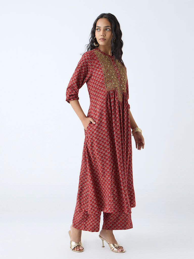 Westside Utsa Women's Maroon Floral Detailed A-Line Kurta for Work Wear Front View
