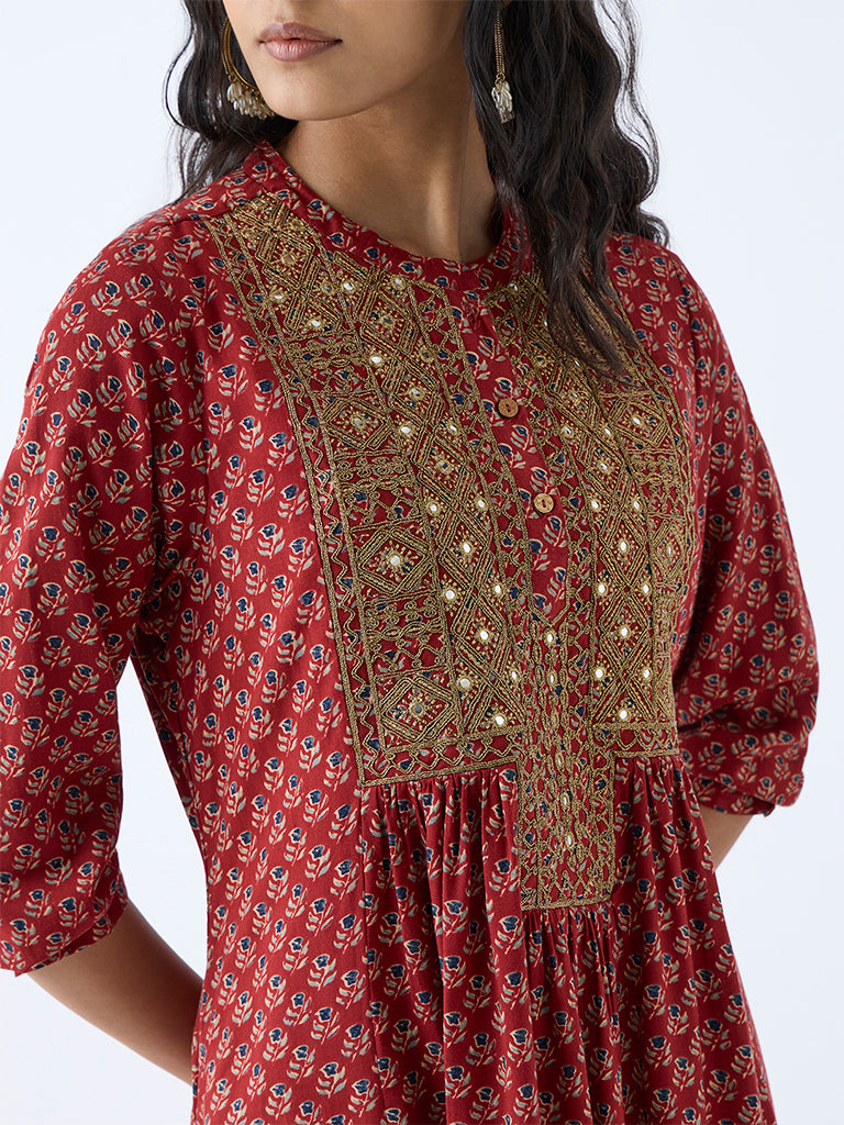 Westside Utsa Women's Maroon Floral Detailed A-Line Kurta for Work Wear Zoomed View