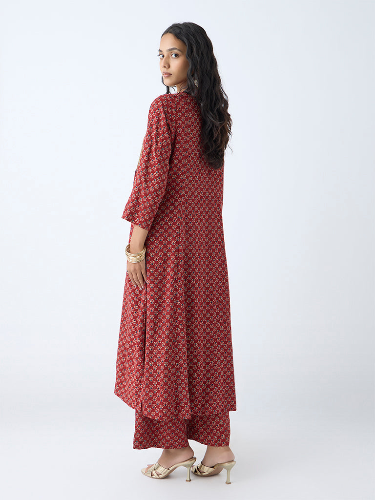 Westside Utsa Women's Maroon Floral Detailed A-Line Kurta for Work Wear Back View
