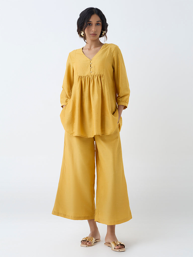 Utsa Yellow Shimmer-Detailed Fit-and-Flare Kurti
