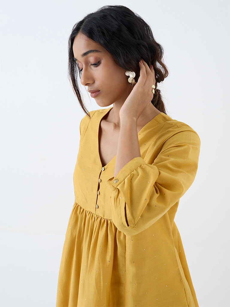 Utsa Yellow Shimmer-Detailed Fit-and-Flare Kurti