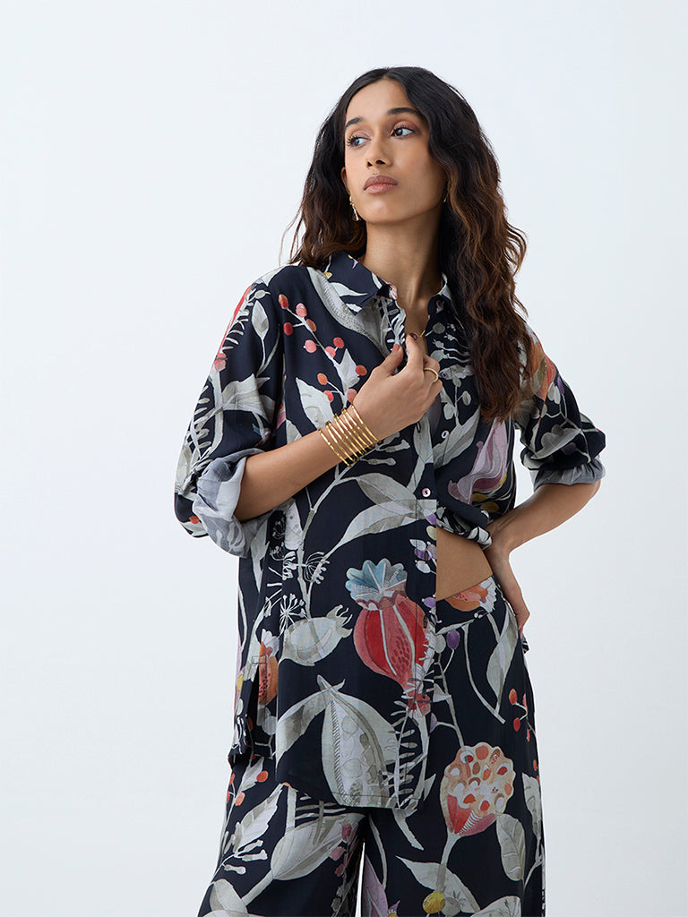 Westside Utsa Women's Black Botanical Printed Ethnic Tunic for Work Wear Full View