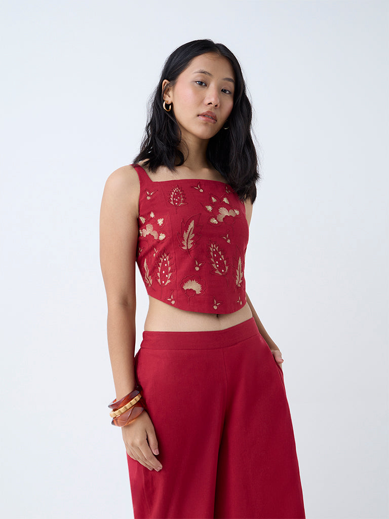 Westside Utsa Women's Red Embroidered Cotton-Blend Ethnic Top for Work Wear Front View