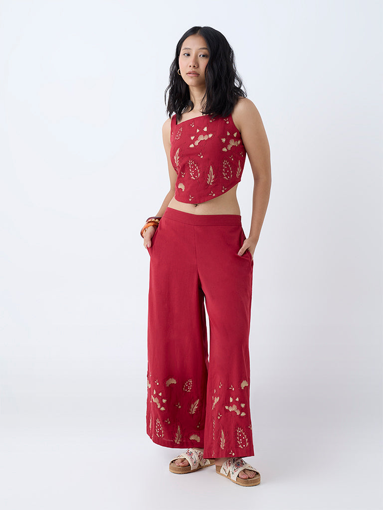 Westside Utsa Women's Red Embroidered Cotton-Blend Ethnic Top for Work Wear Full View