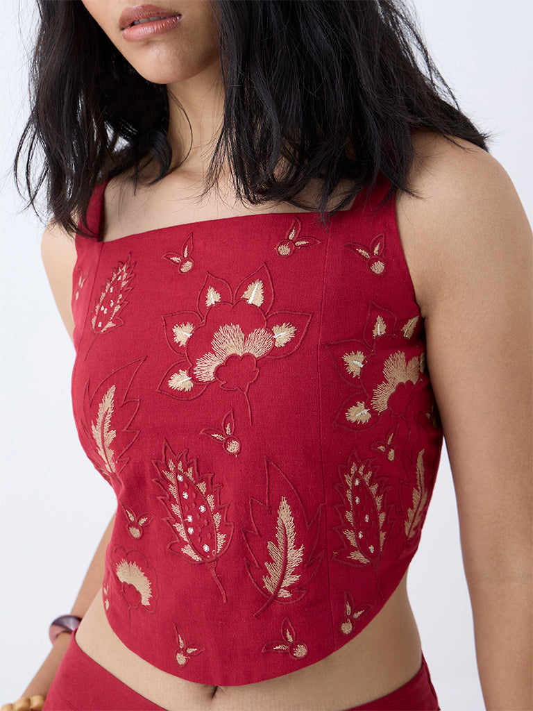 Westside Utsa Women's Red Embroidered Cotton-Blend Ethnic Top for Work Wear Zoomed View