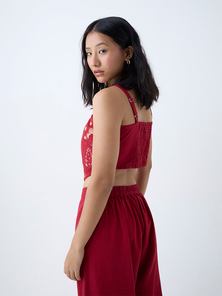 Westside Utsa Women's Red Embroidered Cotton-Blend Ethnic Top for Work Wear Back View